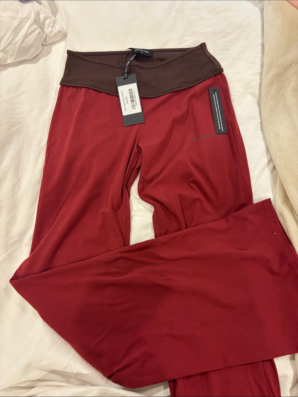 White Fox Boutique Red Wide-Leg Yoga Pants with Brown Waistband
